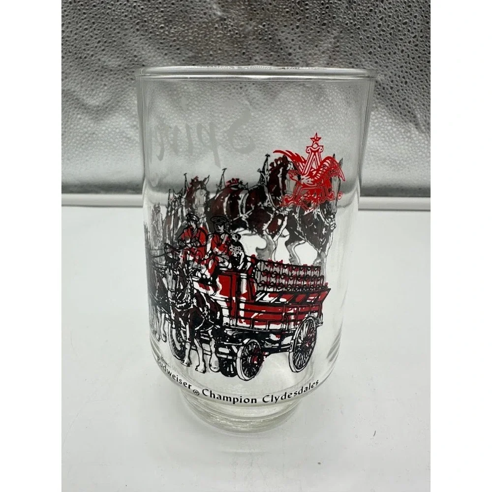 Vintage Budweiser Champion‎ Clydesdales Beer Glass Spivey Graphic Clear 16oz
